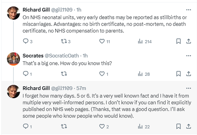 According to the 'wise' @gill1109 5 day old babies' deaths are being recorded as stillbirths.  

Is this the new national scandal?  

Or is this just the routine disinformation he spouts in his deceitful, self-serving support of #lucyletby.