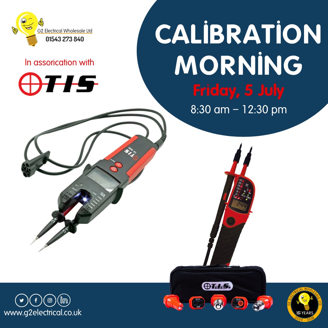 CALIBRATION MORNING with Test Instrument Solutions (TIS)

Your electrical testing instruments should be calibrated according to the manufacturer's recommendations, the requirements of BS7671, BS EN 61557, and company QA procedures – usually a 12-month cycle.

Call 01543 273840.