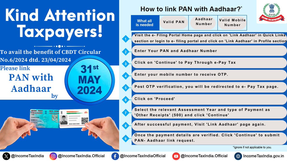Kind Attention Taxpayers! To avail the benefits of CBDT Circular No.6/2024 dtd 23rd April, 2024, do not forget to link your PAN with Aadhaar by May 31st, 2024. Don’t delay, link today. Here are the steps to be followed to link your PAN with Aadhaar 👇🏼