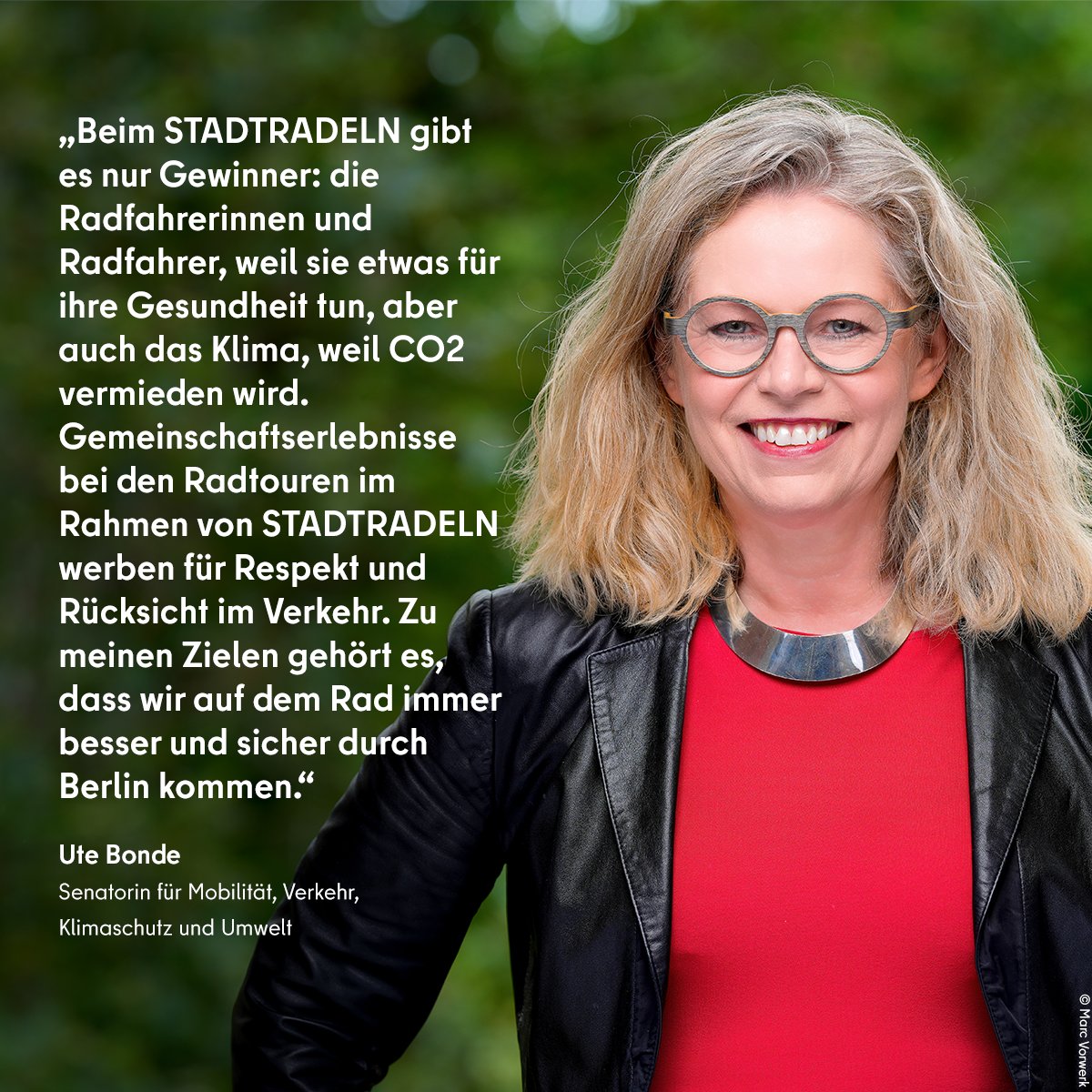 Heute beginnt @STADTRADELN: Bis zum 19. Juni sammeln Berlinerinnen & Berliner möglichst viele Fahrradkilometer #fürsKlima & #fürBerlin. Senatorin Ute Bonde unterstützt die Fahrradaktion, die CO2 spart & Menschen zusammenbringt. Jetzt anmelden:👉 stadtradeln.de/berlin