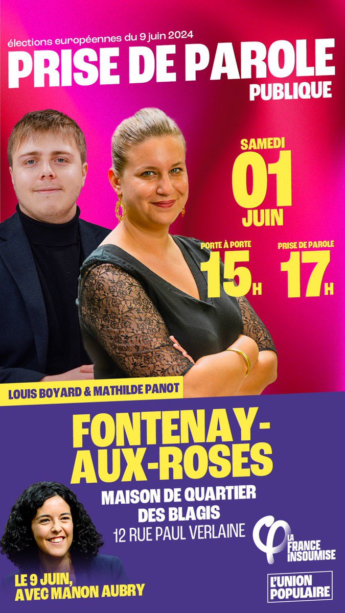 Ce samedi, rendez-vous à Fontenay-aux-Roses pour un porte à porte puis une prise de parole publique de @MathildePanot et @LouisBoyard ! ⤵️