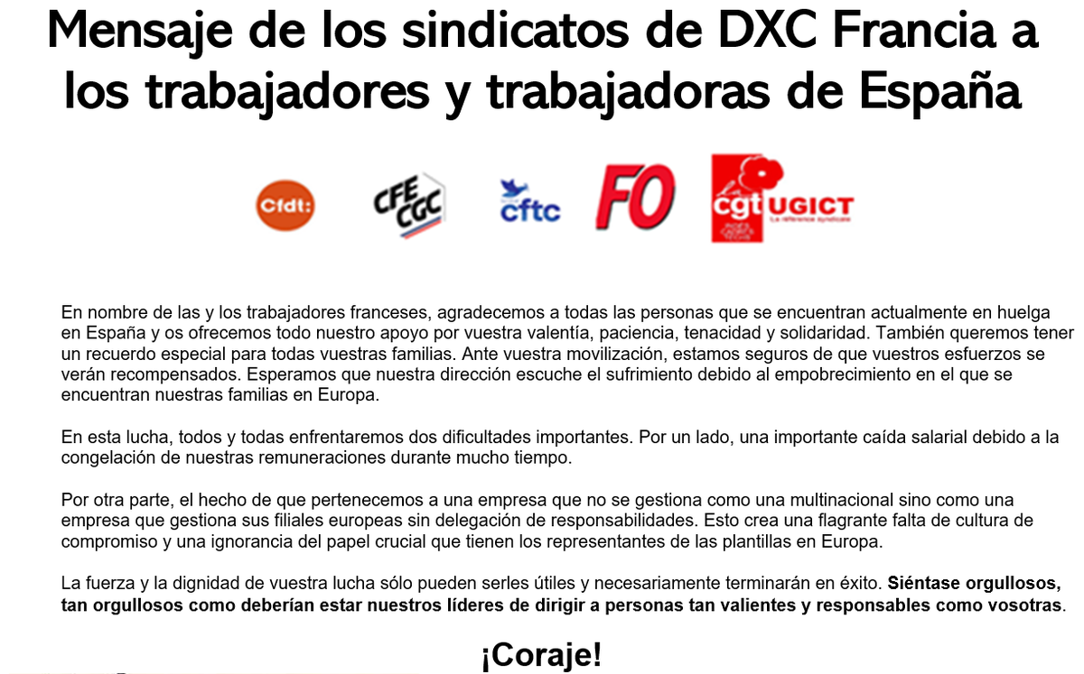 Mensaje de los sindicatos de DXC Francia a los y las trabajadoras en Huelga de DXC España. #HuelgaDXC