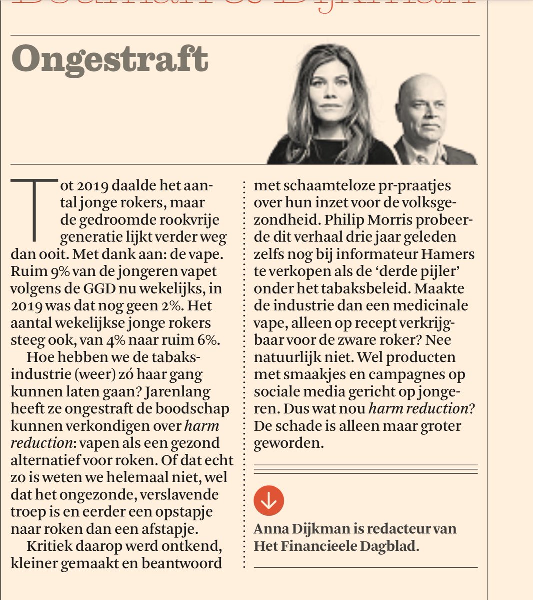RT

Wat nou schade beperking? Miljoenen kinderen doen mee als proefkonijnen in een geslaagd experiment tabaks en vape industrie 

Snoeiharde column in het #FD waarin elk woord klopt 
<a href="/annadijkman/">Anna Dijkman</a>