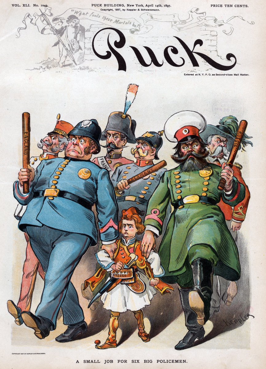 New York'ta yayımlanan Puck Dergisi'nin 14 Nisan 1897 tarihli kapağında Yunanistan, 6 polis tarafından korunan bir çocuk olarak tasvir edilmiş.