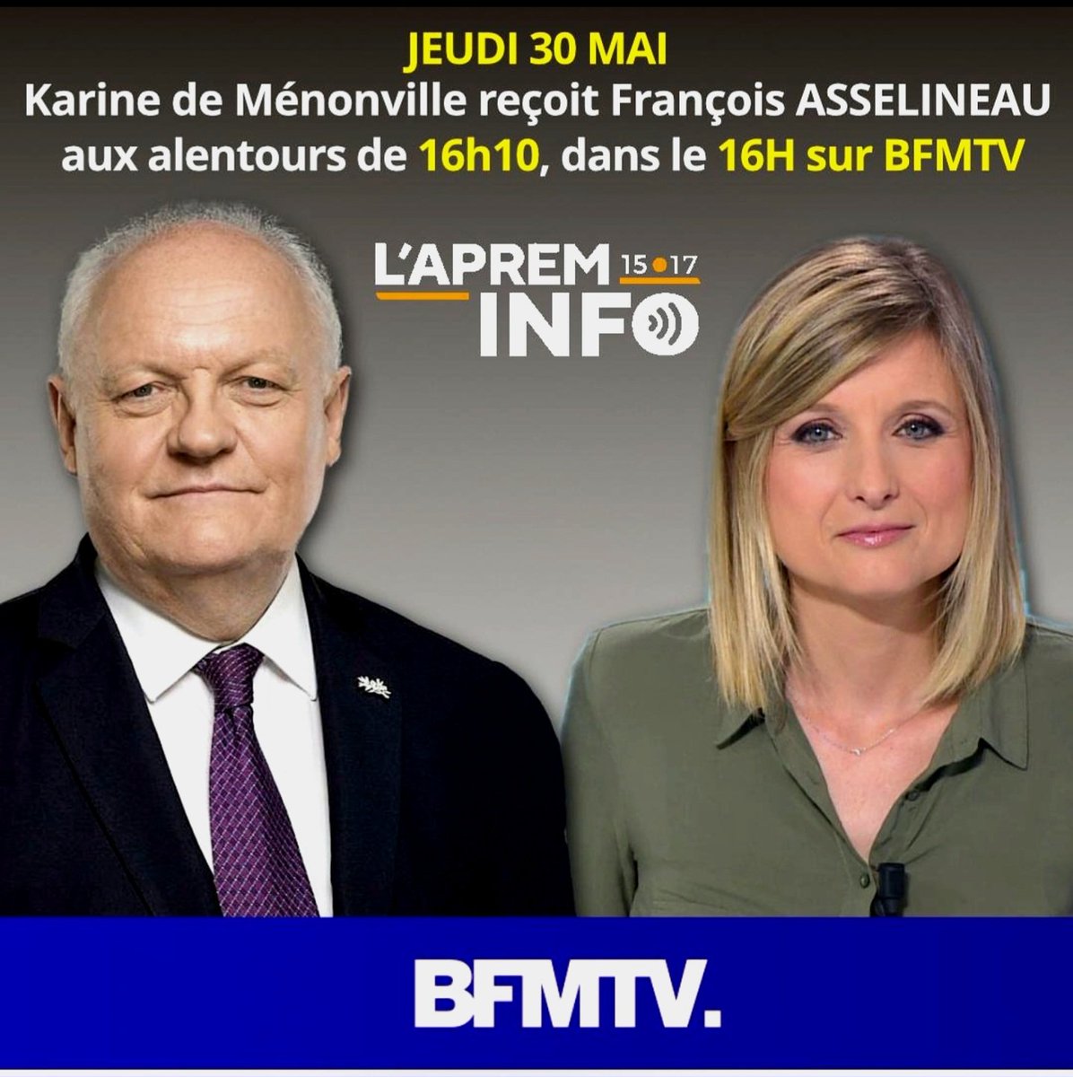 🎥 Aujourd'hui 30 mai, je suis l'invité de Karine de Ménonville sur BFM-TV, dans son émission L'APREM-INFO à 16h00. ✅️ Passage prévu : 16h10 ✅️ Durée annoncée : 7 minutes