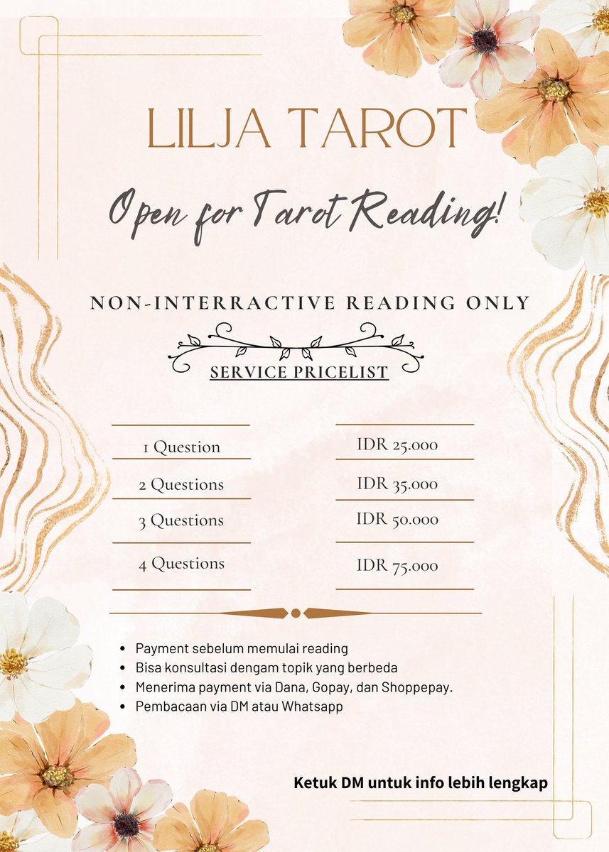 💖RT's and Likes are very appreciated!💖

Hallo semuanya, aku kembali buka jasa
tarot reading non-interaktif via DM atau WA
Menerima berbagai topik pertanyaan mulai dari asmara, keluarga, pekerjaan, pengembangan diri dll start from 25K

#tarotreading #zonauang #ZonaBA #Zonajajan