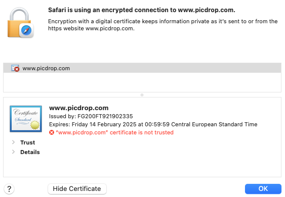 Jibograf's tweet photo. @WeArePicDrop Guys, something goes wrong with your certificate? Can't access the service… https://t.co/jLuBKlmXpX