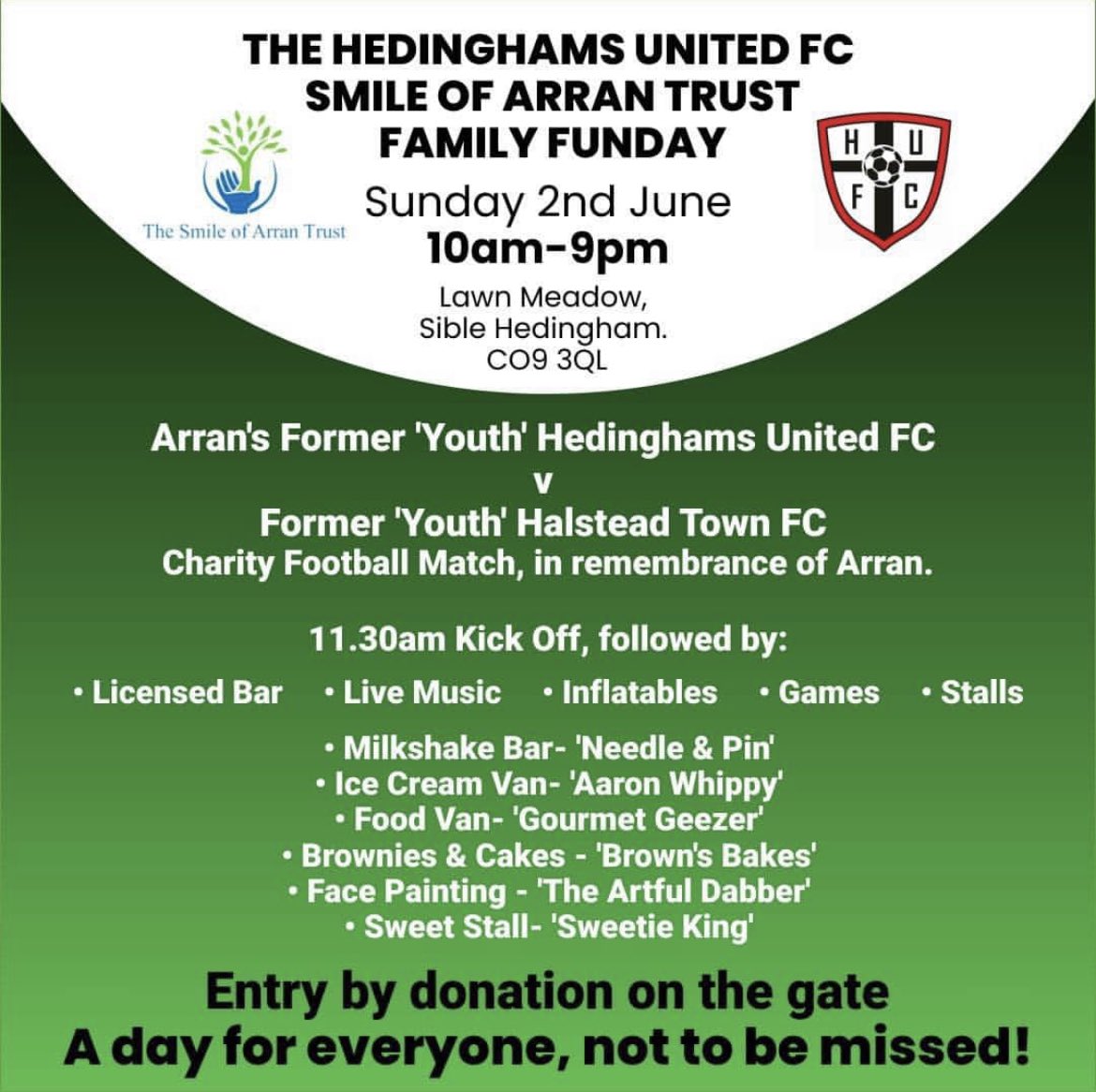 Hedinghams United FC (@hedinghamsutdfc) on Twitter photo Come and join us this Sunday for our family fun day, raising money towards <a href="/smileofarran/">Smileofarran</a> and the football club!
Live music, football, food, bar, stalls, inflatables and much more
Entry is by donation on the gate. We look forward to welcoming you! ๐๐คโค๏ธ๐ค Come and join us this Sunday for our family fun day, raising money towards <a href="/smileofarran/">Smileofarran</a> and the football club!
Live music, football, food, bar, stalls, inflatables and much more
Entry is by donation on the gate. We look forward to welcoming you! ๐๐คโค๏ธ๐ค