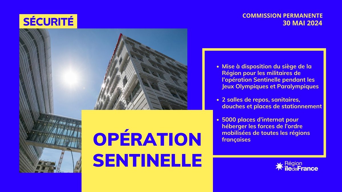 #DirectIDF | 🏢 Dans le cadre des Jeux olympiques et paralympiques de #Paris2024, la #RégionIDF mettra à disposition des militaires de l’opération Sentinelle, du 10 juillet au 15 septembre, des locaux au siège pour servir de lieux de repos.