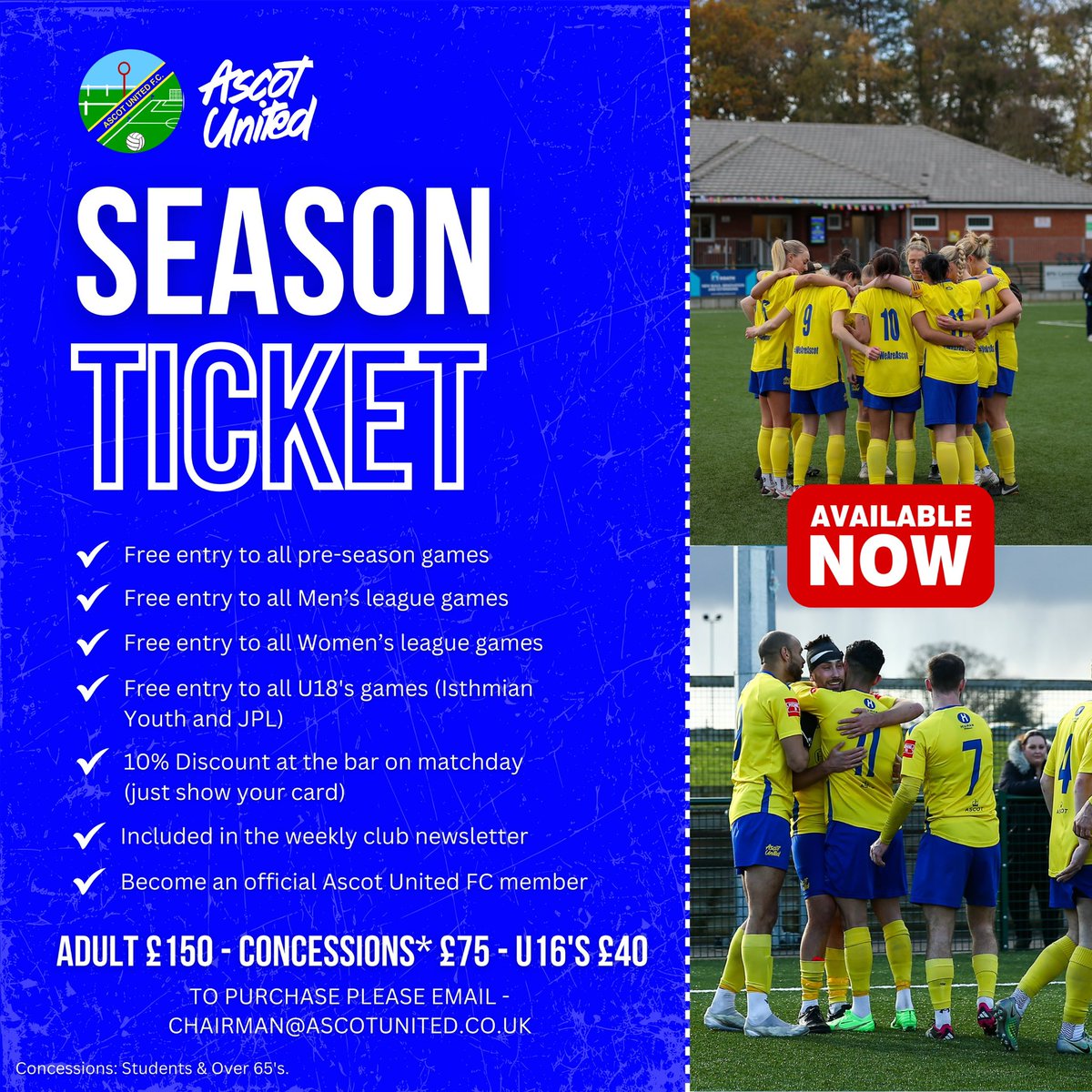 Calling all Yellafans…

Get your season tickets now, and get a 20% early bird discount on the headline prices until 15 June!

Adults -&gt; £120
Concessions -&gt; £60
U16’s -&gt; £32

All Ascot Utd junior players get a FREE season ticket again for next season

#WeAreAscot #UpTheYellas