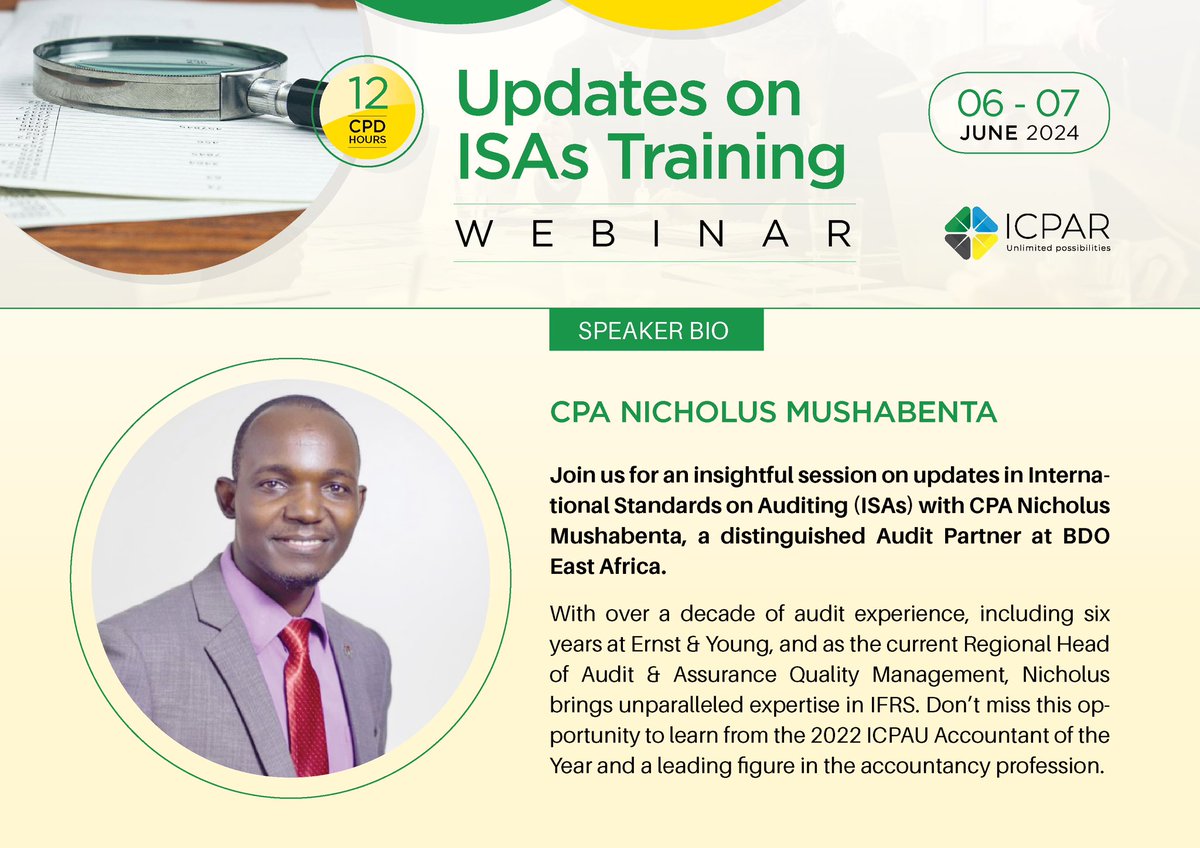 I_CPAR's tweet photo. Join us for an insightful session on updates in International Standards on Auditing (ISAs) with CPA Nicholus Mushabenta, a distinguished Audit Partner at BDO East Africa. #updatesinISAs #AuditStandards #InternationalAuditing #BDOEastAfrica #AuditProfession #Accounting #ICPAR https://t.co/te9WlSvUxU