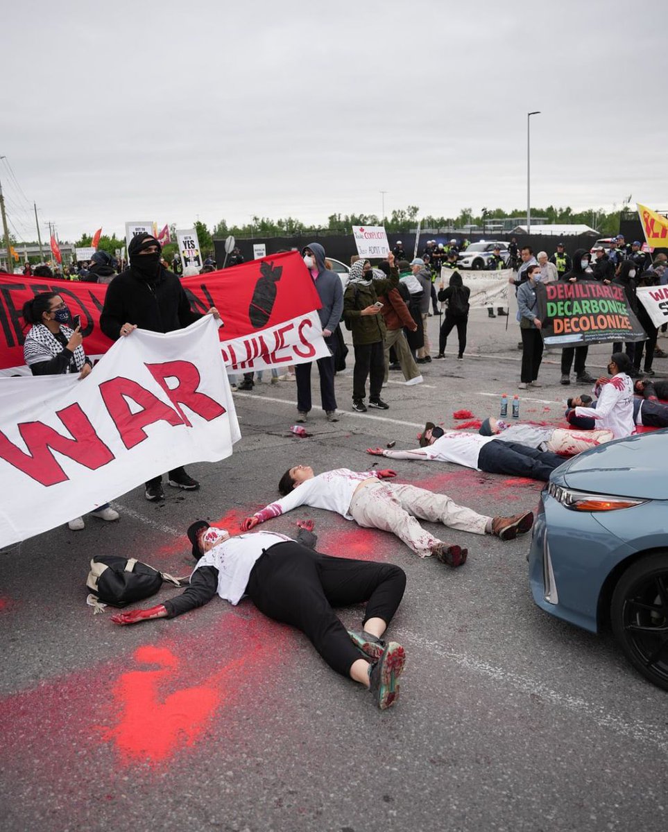 Pro-Palestine activists protested outside the CANSEC military and weapons industry exhibition in Canada, demanding Israel's expulsion and an end to arms exports due to the genocidal war in Gaza.
