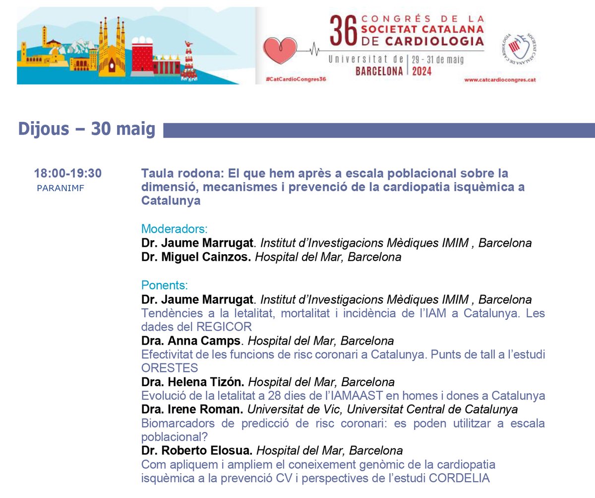 REGICOR (@regicor_project) on Twitter photo AVUI - 18:00-19:30
Taula rodona: El que hem après a escala poblacional sobre la dimensió, mecanismes i prevenció de la cardiopatia isquèmica a Catalunya #CatCardioCongres36 <a href="/relosuagr/">Roberto Elosua</a> <a href="/miguelcainzos23/">Miguel Cainzos-Achirica</a> <a href="/CampsVilaro/">Anna Camps Vilaró</a> <a href="/catcardio/">Societat Catalana de Cardiologia</a> <a href="/REGICOR_project/">REGICOR</a> AVUI - 18:00-19:30
Taula rodona: El que hem après a escala poblacional sobre la dimensió, mecanismes i prevenció de la cardiopatia isquèmica a Catalunya #CatCardioCongres36 <a href="/relosuagr/">Roberto Elosua</a> <a href="/miguelcainzos23/">Miguel Cainzos-Achirica</a> <a href="/CampsVilaro/">Anna Camps Vilaró</a> <a href="/catcardio/">Societat Catalana de Cardiologia</a> <a href="/REGICOR_project/">REGICOR</a>