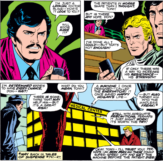 MarvelADay's tweet photo. #MarvelADay #IM67 Don Blake is operating on Eddie March. Eddie needs to be stabilized, so Tony suggests using the Enervator despite what it did to Happy Hogan last time. I think we can all see where this is going... - VA https://t.co/bgFFsSld3J