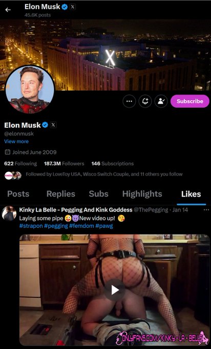 Is this the real reason he hid the likes?? 😂  Its ok Elon, the pegging is just the beginning, I'll have<a href="/tag/femdom"class="tags"><span>#femdom</span></a><a href="/tag/sissy"class="tags"><span>#sissy</span></a><a href="/tag/creampie"class="tags"><span>#creampie</span></a><a href="/tag/femboy"class="tags"><span>#femboy</span></a>