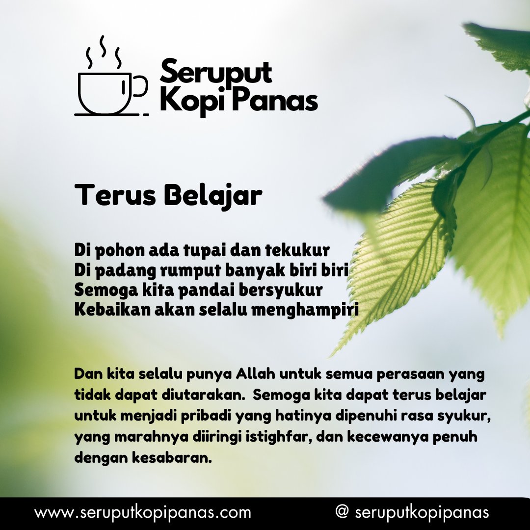 sruputkopipanas's tweet photo. Dan kita selalu punya Allah untuk semua perasaan yang tidak dapat diutarakan. Semoga kita dapat terus belajar untuk menjadi pribadi yang hatinya dipenuhi rasa syukur, yang marahnya diiringi istighfar, dan kecewanya penuh dengan kesabaran.
#kangjjs #seruputkopipanas https://t.co/zKiAbJDU7F