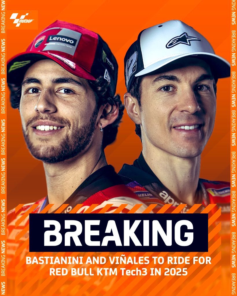 R_BastidasMora's tweet photo. Continúan los cambios inesperados en @MotoGP y ahora Maverick Viñales y Enea Bastianini confirmaron su nuevo equipo para el 2025.

Los 2 pilotos han firmado con @Tech3Racing , con lo cual Viñales dejará a Aprilia y Bastianini saldrá de Ducati para ambos unirse al equipo B de KTM. https://t.co/VuIqO9qEkS