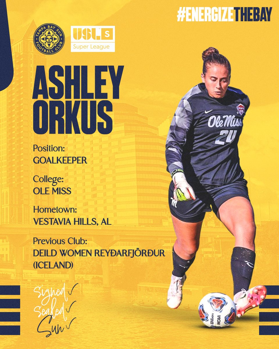 GOALIE ALERT! Tampa Bay Sun FC welcomes Goalkeeper, <a href="/ashorkus24/">Ashley Orkus</a> to the squad! 

This 3x SEC Goalkeeper of the Year last played for Deild Women (Iceland)
Signed, Sealed, SUN!

#EnergizeTheBay #ReadyforMore