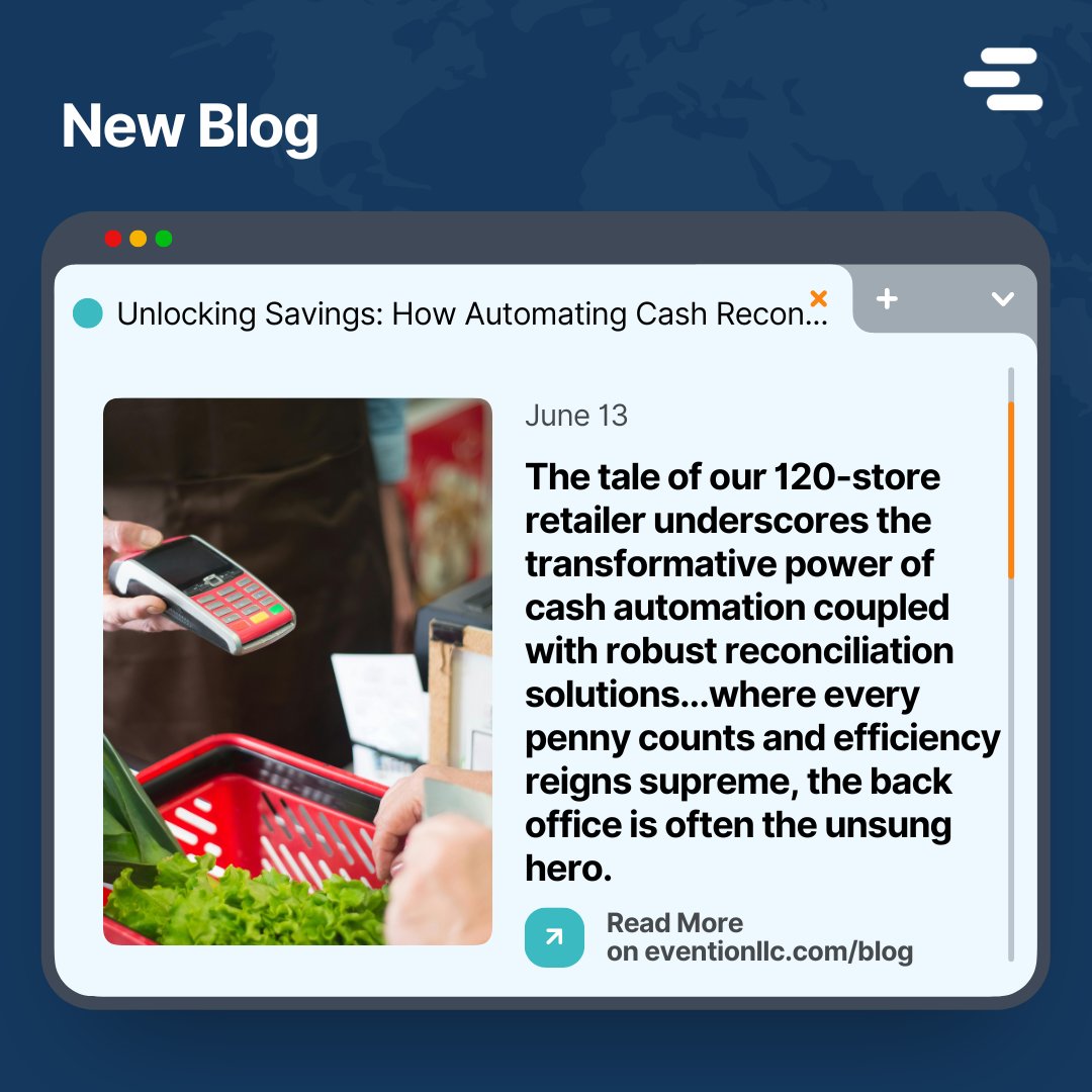 EventionLLC's tweet photo. Check out Evention's new blog about a retailer who started automating their cash reconciliation processes! Learn about the transformative money and time savings by reading the blog here: https://t.co/qvuZ1ClkG1
#automation #accounting #TotalRecon https://t.co/zmbdlzw1vj