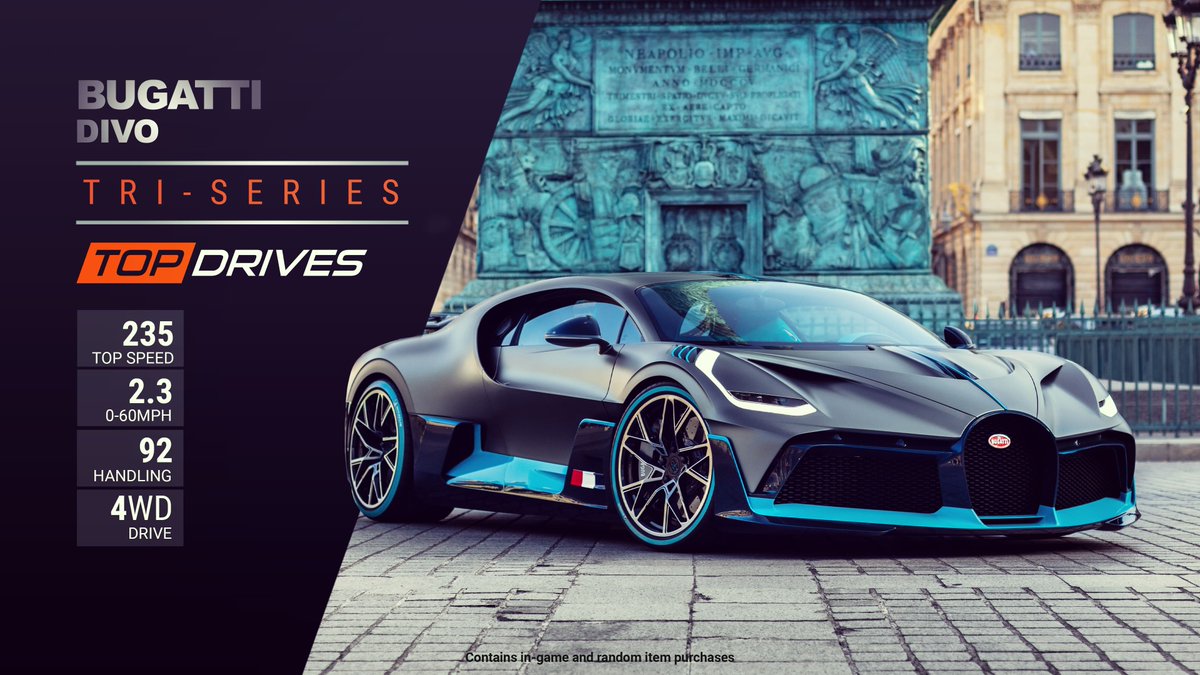 topdrivesgame's tweet photo. 🔵 The Bugatti Divo Finals are now on! 

Your hand requirements are 3x American Overdrive, 2x Japan Pro Tour, 5x 4WD, 5x Non-Prize cars.

Good luck! 👊 

#TopDrives https://t.co/2nBDzT9s3v