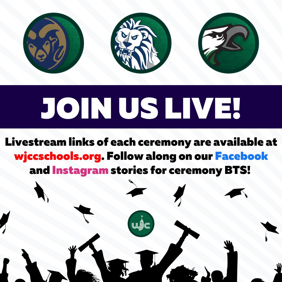 Join in the celebration! Graduation ceremony livestream links are available at wjccschools.org/newsroom/wjcc-….

June 14, 2024 ceremony schedule:
- Lafayette, 9:00 a.m.
- Warhill, 1:00 p.m.
- Jamestown, 5:00 p.m.

#WeAreWJCC