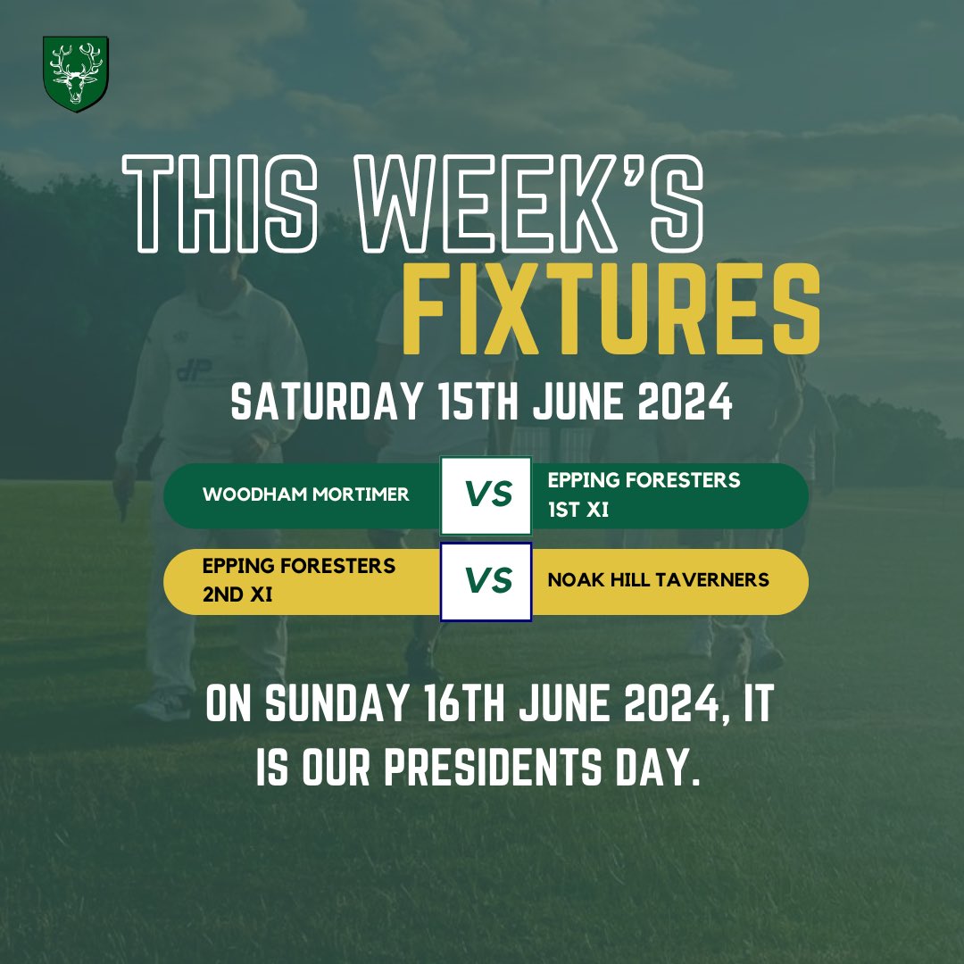 Epping Foresters CC (@eppingforesters) on Twitter photo After great wins for both teams last week, let’s hope we see more of that this weekend 🫡
On Saturday⬇️
Our 1st XI are away to Woodham Mortimer 🚌
And our 2nd XI are at home to Noak Hill Taverners 🏡
On Sunday, it’s our Presidents Day! Bragging rights are on the line👀 After great wins for both teams last week, let’s hope we see more of that this weekend 🫡
On Saturday⬇️
Our 1st XI are away to Woodham Mortimer 🚌
And our 2nd XI are at home to Noak Hill Taverners 🏡
On Sunday, it’s our Presidents Day! Bragging rights are on the line👀