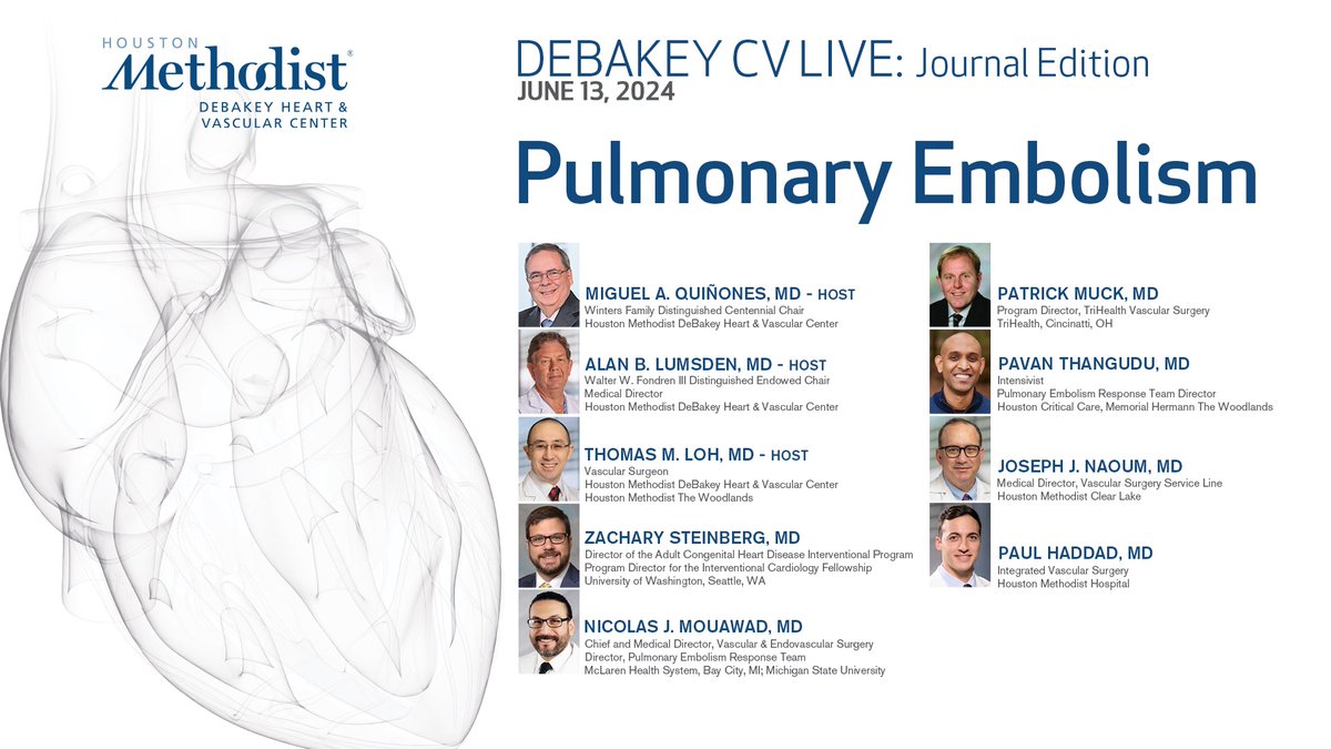 DeBakeyCVedu's tweet photo. LIVE IN 1 HOUR! Join at 5 pm CST: #DeBakeyCVJournal webcast on PULMONARY EMBOLISM with @AlanLumsdenMD Thomas Loh & authors @PatrickMuckMD @NickMouawadMD @zlsteinberg Pavan Thangudu, Joseph Naoum, Paul Haddad
https://t.co/kwHpi8OXgq
@maquinonesmd @CardioNerds @NadeenFaza #CVedu https://t.co/fMUtnRuKZn