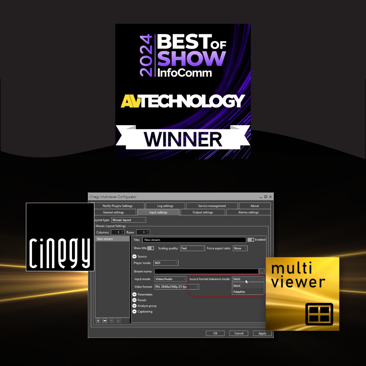 cinegy's tweet image. We are thrilled to announce that our game-changing software solution, Cinegy Multiviewer, has been recognized with a prestigious Best of Show Award at #InfoComm 2024! See it in action at booth #W3734. @InfoComm #AVTechnology #ProAV