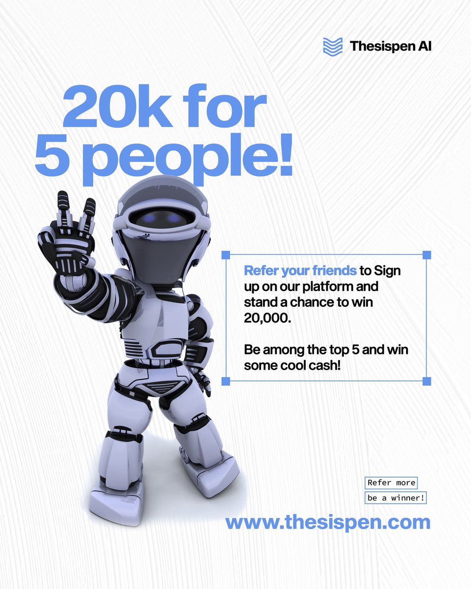 thesispenAI's tweet photo. Ready to Win some Cash⁉️
All you have to do is be one of the top 5 with the highest referrals and win 20K ❗️
.
This lasts till Thursday 20th of June, 2024.
.
Spread the word and start referring today!
Designed by kjpargeter.
#ThesispenAI #promtpaperpublish https://t.co/Lf716vQO8h