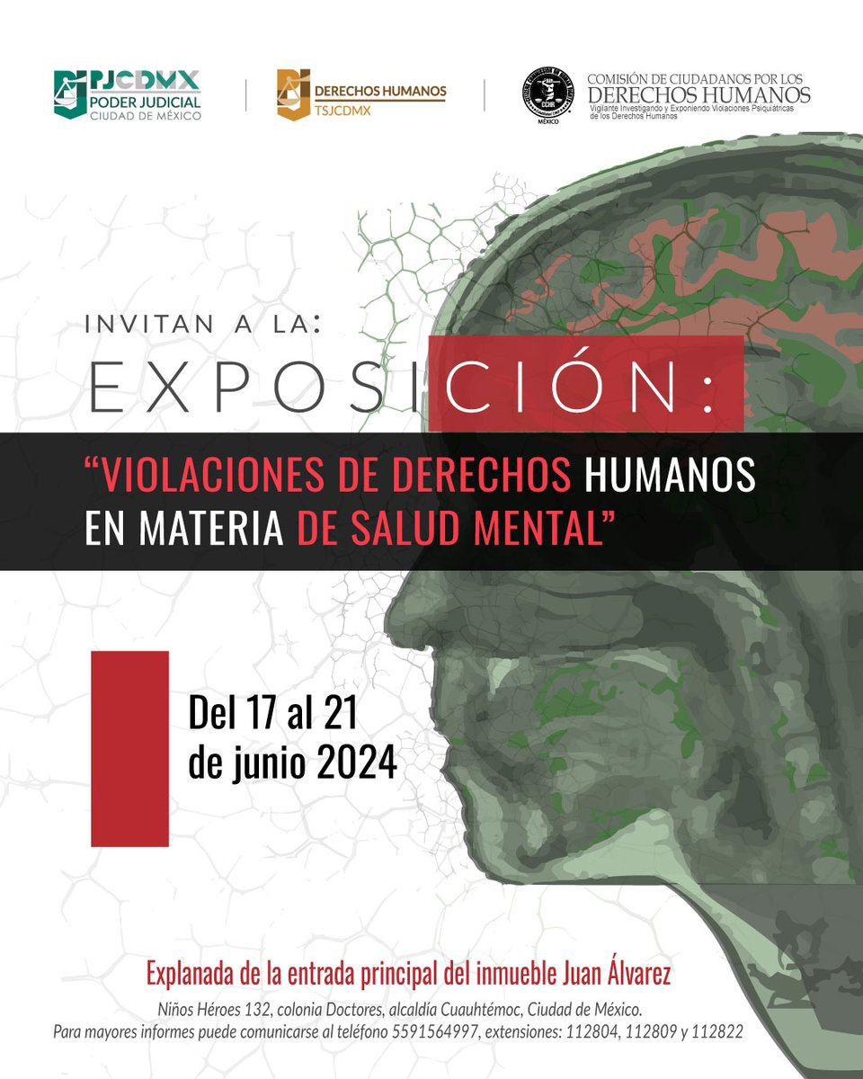 PJCDMX's tweet photo. 🔍 Únete a nosotros en la exposición "Violaciones de Derechos Humanos en Materia de Salud Mental" del 17 al 21 de junio 2024.
📢 Un evento crucial para entender y promover los #ddhh24
📍 Explanada del inmueble Juan Álvarez.
#PJCDMX #CulturaJurídica #SaludMental https://t.co/2Qcu8lZ9y9