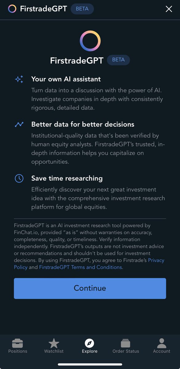 NFB_Asst's tweet image. 13日(木,米国時間)の取引終了後,@Firstrade アプリのアイコンが自動更新されたので何かなと思ったら,#FirstradeGPT なる #生成AI が実装されてた.
元々オンライン・無人取引のためわかりやすいUIに徹底して作り込まれてるので相性良いのかも.
米国は行動が早いな〜.
後でPC版の更新の有無をみようっと.
