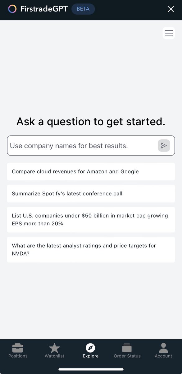 NFB_Asst's tweet image. 13日(木,米国時間)の取引終了後,@Firstrade アプリのアイコンが自動更新されたので何かなと思ったら,#FirstradeGPT なる #生成AI が実装されてた.
元々オンライン・無人取引のためわかりやすいUIに徹底して作り込まれてるので相性良いのかも.
米国は行動が早いな〜.
後でPC版の更新の有無をみようっと.