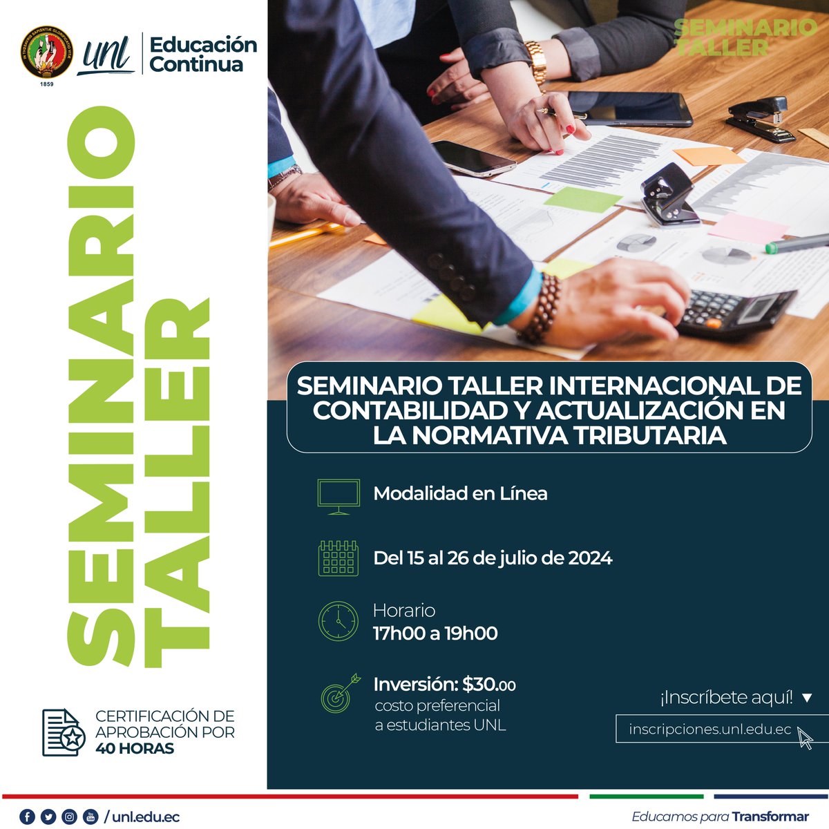 EduContinuaUNL's tweet photo. 📊 Mejora tus habilidades profesionales en contabilidad, TIC y normativa tributaria con nuestro Seminario Taller Internacional. 🌐💼
📚 Modalidad en Línea
🗓 Del 15 al 26 de julio de 2024
ℹ️ +Info https://t.co/aQjFE6f1AP
Organizado #UEDL #ContabilidadAuditoriaUNL https://t.co/6hp1b276Ac