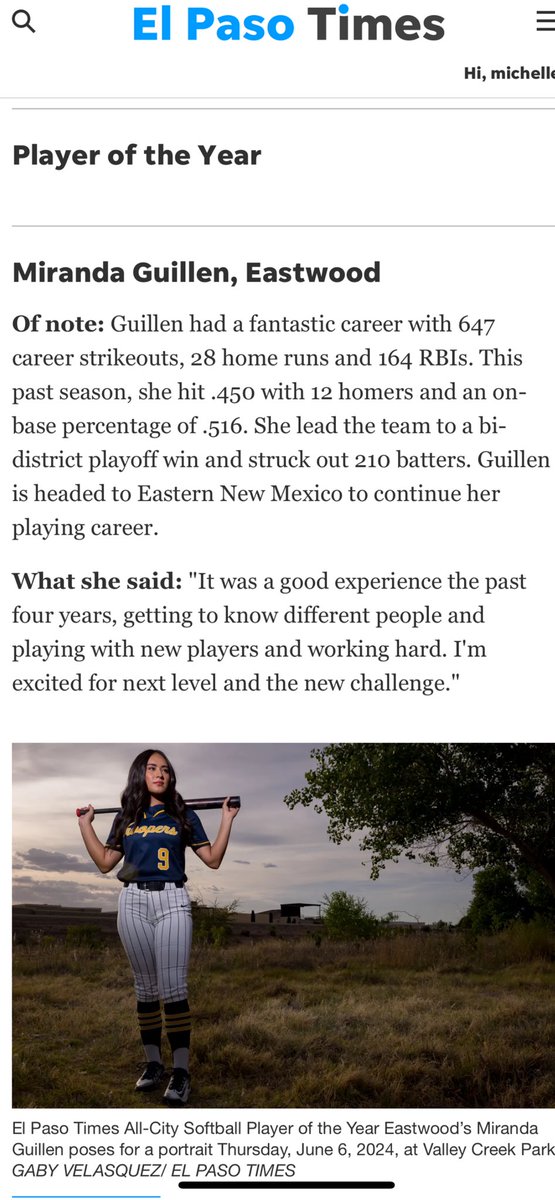 michell10643819's tweet photo. You have left your mark. All City Player of The Year!!. @MirandaGuillen8 @Fchavezeptimes @EastwoodSBall @eastwoodsabre1 @EPFastpitch915 https://t.co/xVUuhOAuGG