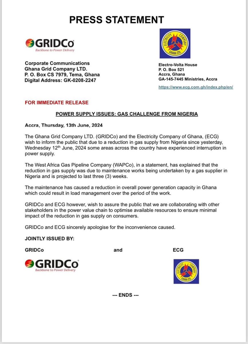 Joy997FM's tweet photo. ECG and GRIDCo announces 3 weeks dum sor due to gas challenge from Nigeria. #JoyNews https://t.co/7D9kZhTJis