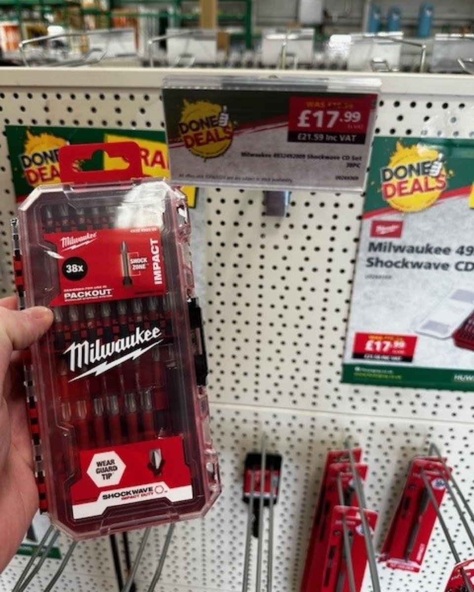 Huws_Gray's tweet photo. If you’re after our best deals, get yourself over to the Done Deals section in your local branch. You’ll find cracking price drops like this Milwaukee Shockwave CD Set 38PC down to just £17.99 Ex VAT. https://t.co/lz8OiqmKHM