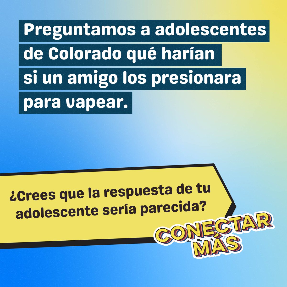 FwdTogetherCO's tweet photo. Preguntamos sobre el vapeo a adolescentes de Colorado usando nuestro juego de cartas de Conectar Más, ¡sus respuestas te sorprenderán! ¿Sabes qué piensa tu adolescente del vapeo? Explora más preguntas para iniciar la plática en https://t.co/I2cI8TrlWN. https://t.co/Y2MYbEDCPq