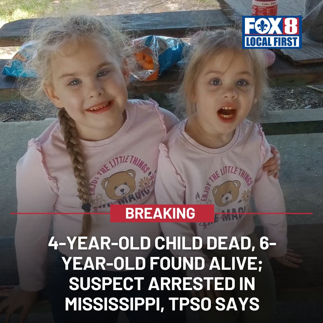 FOX8NOLA's tweet photo. BREAKING UPDATE: The Tangipahoa Parish Sheriff’s Office reported the recovery of 4-year-old Erin Brunett’s body. Her 6-year-old sister, Jalie Brunett, was found alive and well. The suspect was arrested in Jackson, Mississippi. https://t.co/cL58XGnUkZ https://t.co/A2xrYvfeXr