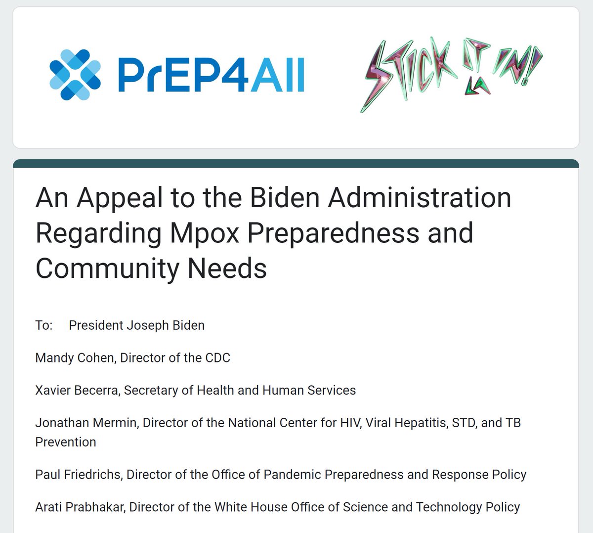 SIGN ON: Demand Action on Key Gaps in the Federal #Mpox Response 
Sign a letter being led by us and <a href="/PrEP4AllNow/">PrEP4All</a> calling on the Biden Administration and DHHS to address vaccine &amp; treatment access, surveillance, and research. SIGN HERE: docs.google.com/forms/d/e/1FAI…