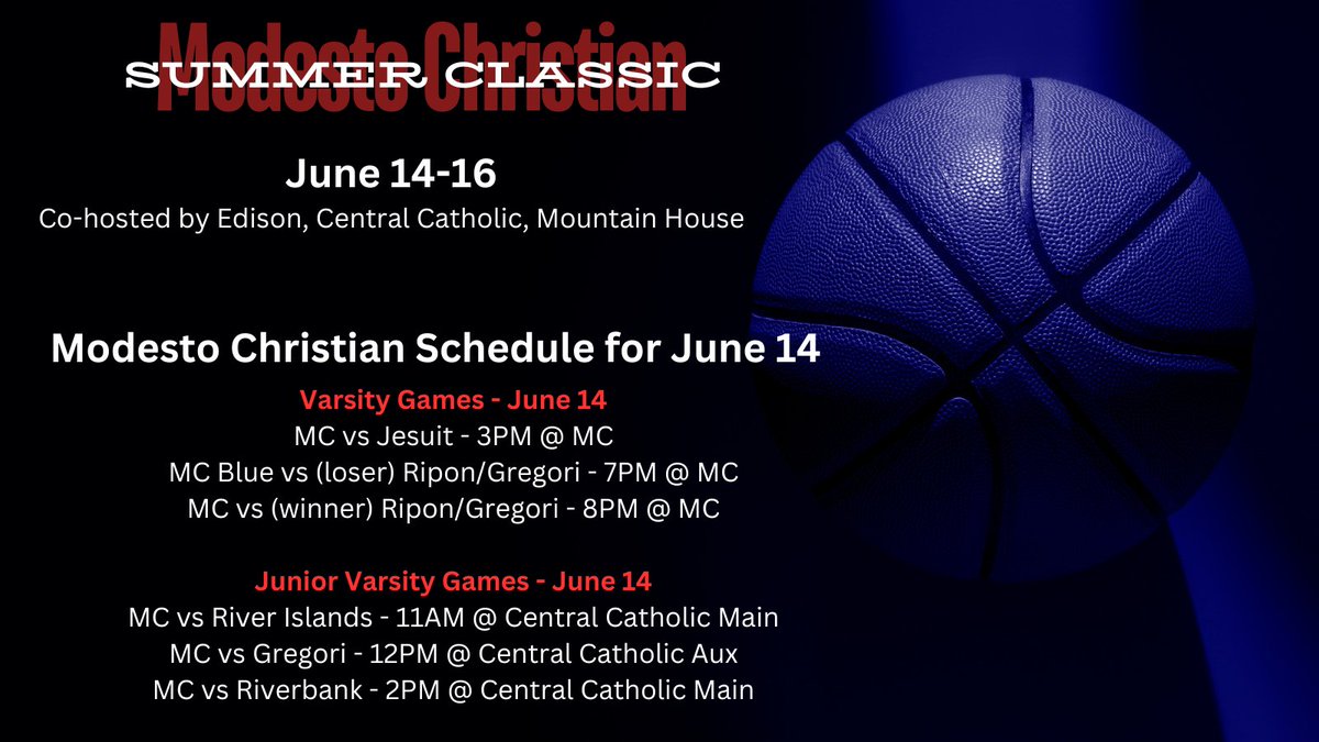 MC_basketball's tweet photo. Modesto Christian Summer Classic kicks off on June 14 and features over 45 teams throughout California and Nevada. Keep up  with the bracket and scores at https://t.co/8RRqhcReTt

Here's MC's game schedule for Friday, June 14. Come on out and watch some hot summer ball!
@MCSummerClassic @elev8sports1 @209Hoops @simplyy_bball @Pdouble_33
@CalHiSports @CoachFantazia @cteevan1