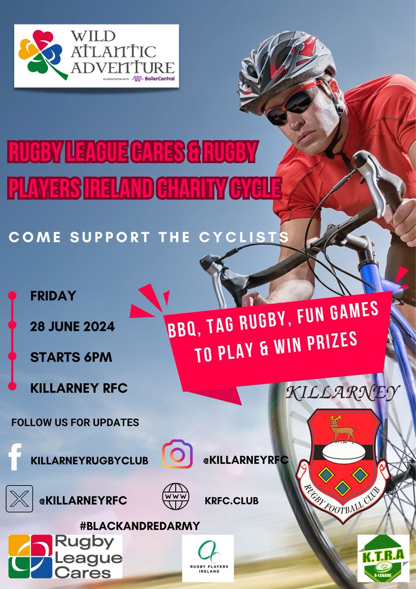 KillarneyRFC's tweet photo. Come support the cyclists on the Rugby League Cares &amp; Rugby Players Ireland Charity Cycle on Friday, June 28th, at 6 p.m.

BBQ, Tag Rugby for adults &amp; kids, an XLeague exhibition. Fun games and prizes to be won.

#killarneyrfc #blackandredarmy #killarneyrugby #munsterrugby https://t.co/KPACNhysYz