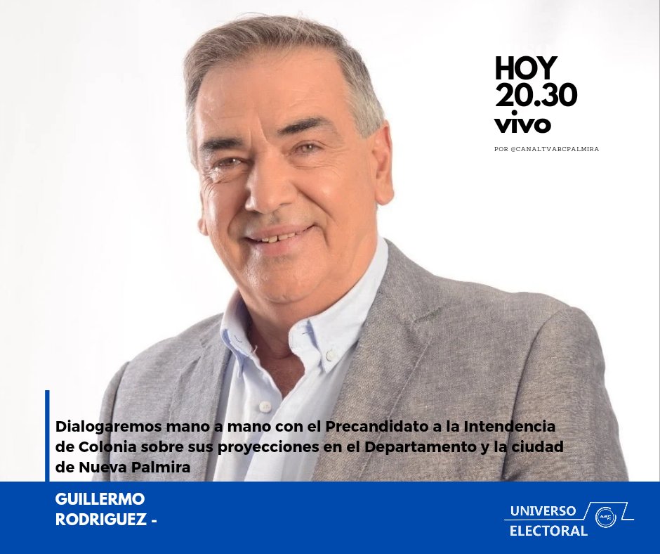Hoy en Universo Electoral - UE -
.
Una charla mano a mano con el Precandidato a la Intendencia Guillermo Rodríguez.
🔴V I V O - ⏰20:30hs
📱a través de App Antel TV
📺Nuestra señal de cable 
🛜Streaming en Youtube y Facebook