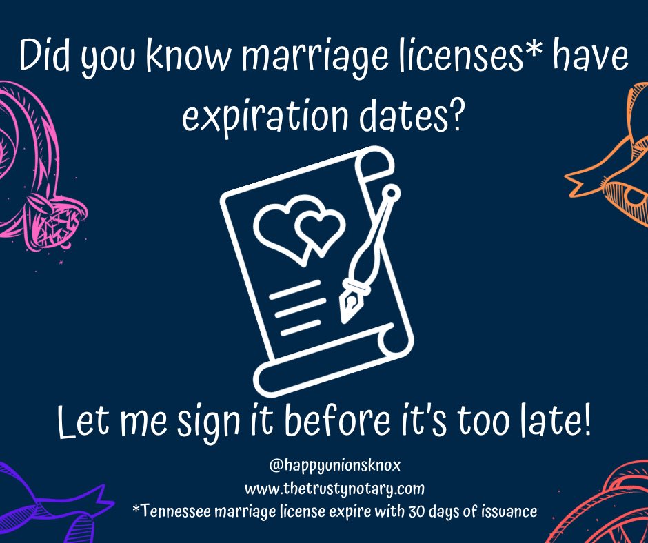 thtrustynotary's tweet photo. Did you know a Tennessee marriage license is only good for 30 days from issuance? Don’t wait let me sign yours today! 

https://t.co/G1ajJlkrVg https://t.co/kQfPe841vH