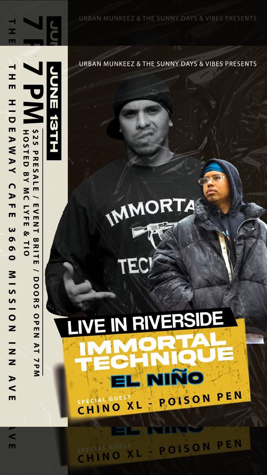 Time is going extra slow today because I’m anxious , excited all of the above to rock the IMMORTAL TECHNIQUE show tonight ! RIVERSIDE see you tonight