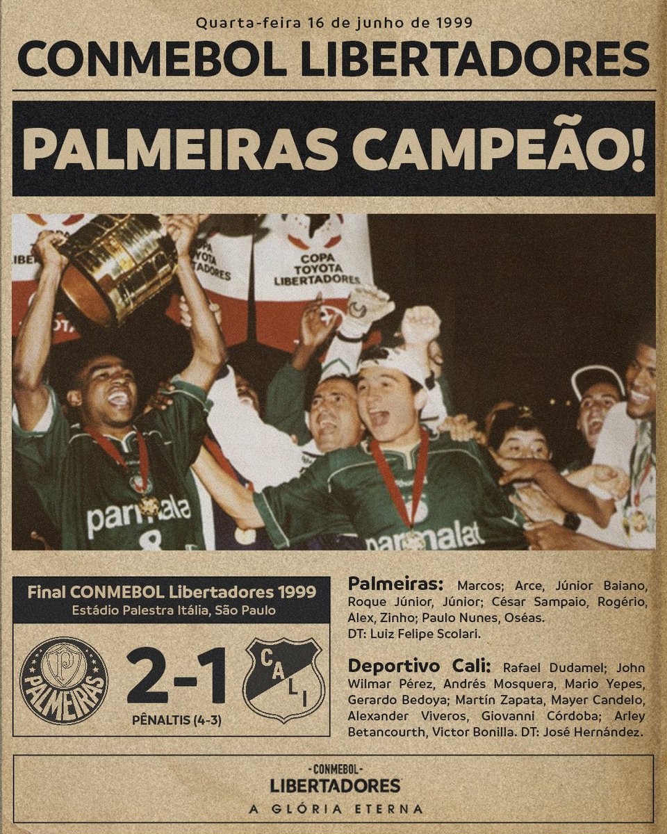 LibertadoresBR's tweet photo. ⭐️💚 2⃣5⃣ anos da primeira CONMEBOL #Libertadores do @Palmeiras! Um time histórico que conquistou a #GloriaEterna em 1999.

🤔 Onde você estava? https://t.co/nPiXGAgmlx