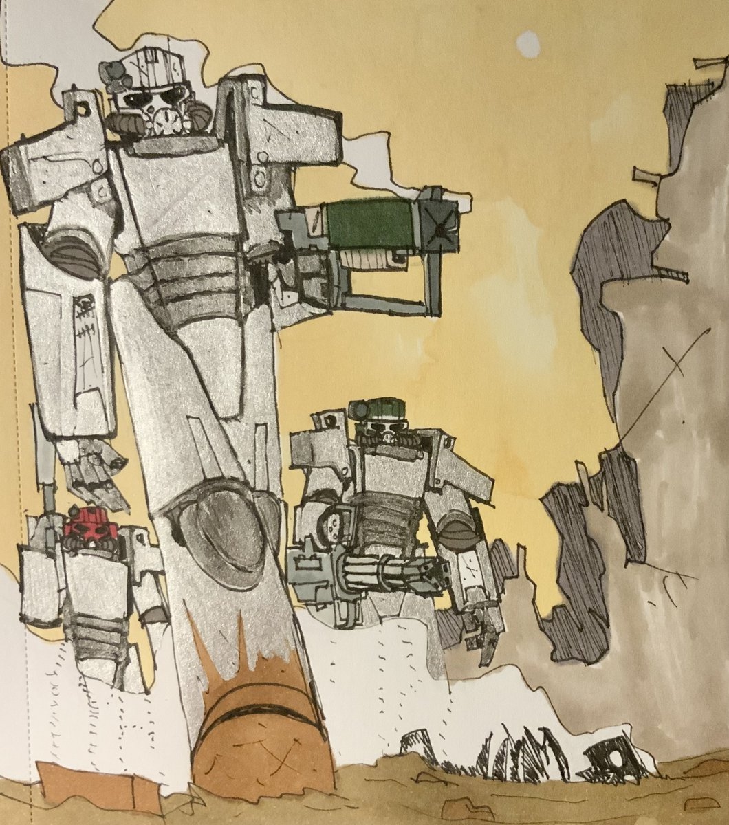 Lambdafallout12's tweet image. Been playing fallout 4 again lately, so I thought I’d doodle out something that I’ve been doing in game.
That being to put all my companions into power armour and travel around the wasteland like the heavily armed &amp;amp; Armoured maniacs we are! :)

also trying out some metallic pens