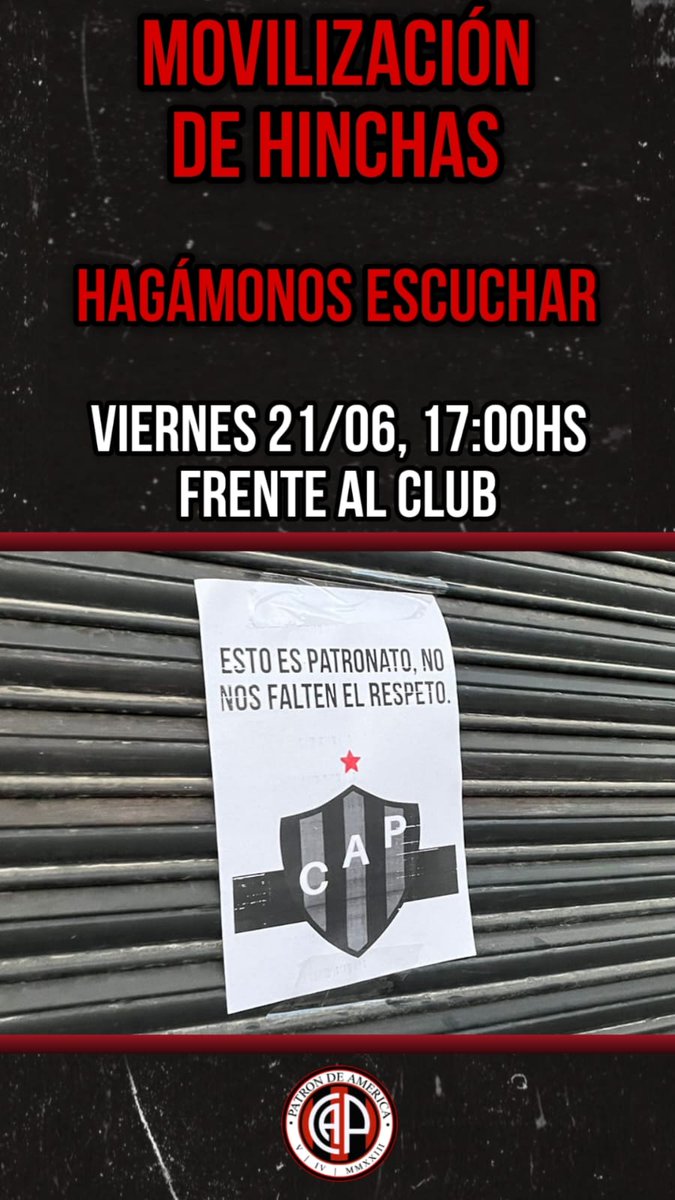 PatrondeAmerica's tweet photo. Movilización de hinchas.
El viernes 21/06 a partir de las 17:00HS https://t.co/5ig6ZIN6Iu