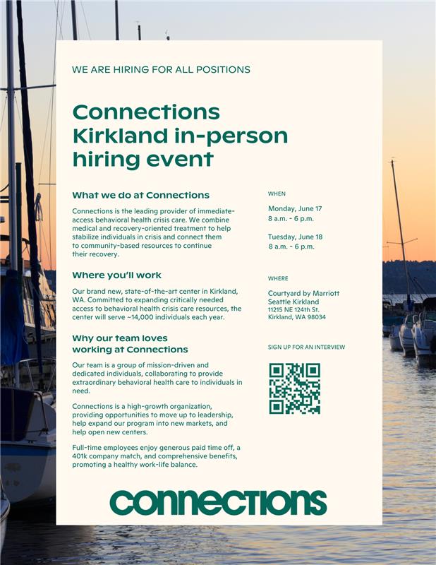ConnectionsHlth's tweet photo. Join the team doing behavioral health differently! Connections is hosting a recruitment event on Monday, June 17, and Tuesday, June 18 at the Courtyard by Marriott-Seattle Kirkland. 
Don’t miss this opportunity to make a difference!

https://t.co/NSpZXUMqf3... https://t.co/88xTeKBup2