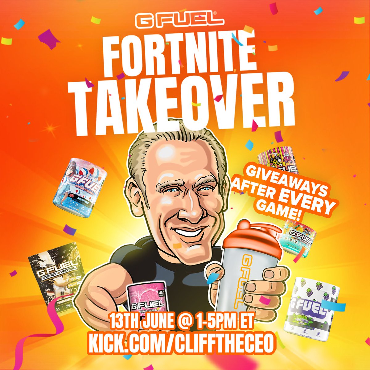 🚨 WE'RE LIVE! Come hang out with the G FUEL TEAM &amp; @CliffGFuelCEO! GIVEAWAYS after every game &amp; GOOD VIBES for dayz!

🧡 𝗥𝗧 to win a G FUEL TUB! 2 WINNERS picked after the stream! ⤵️ 

📺 KICK.com/CliffTheCEO