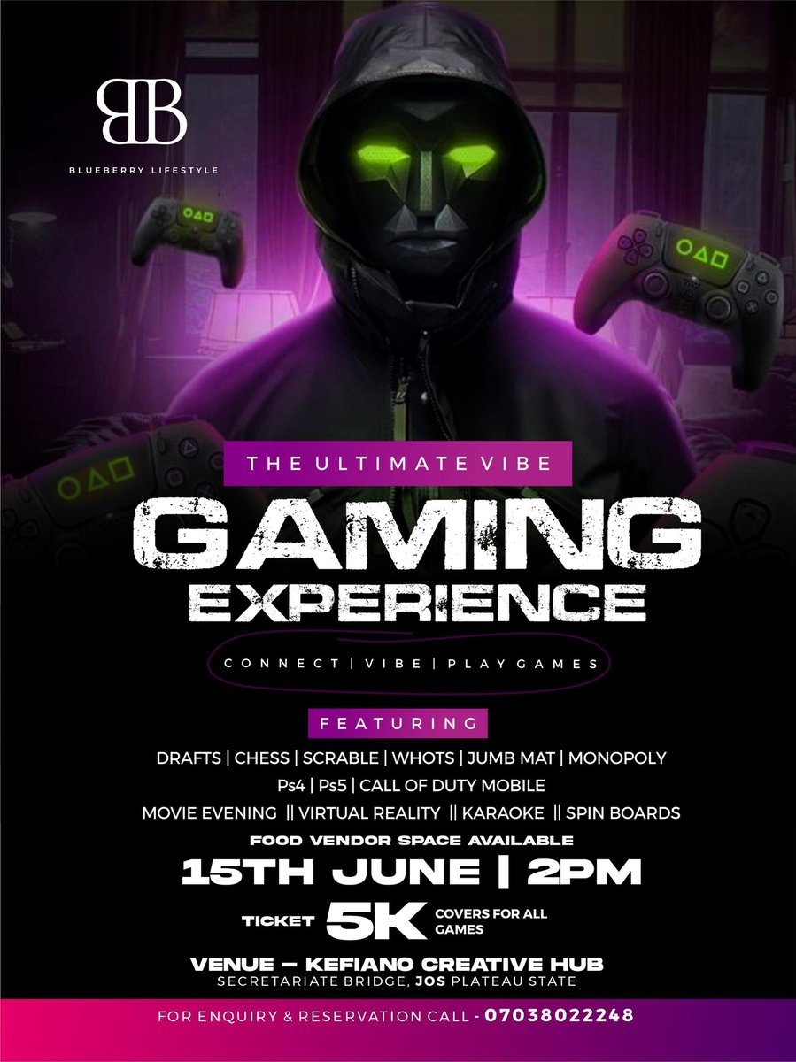 This Saturday <a href="/kchubng/">KCHub</a>, 

BlueBerry brings to you the ultimate gaming experience.
Featuring: VR reality, PS4 games, board games, and, the part you do not want to miss.... an entertaining movie night. 🎊

Ready? Set? Get your  tickets now with just a phone call: at 07038022248